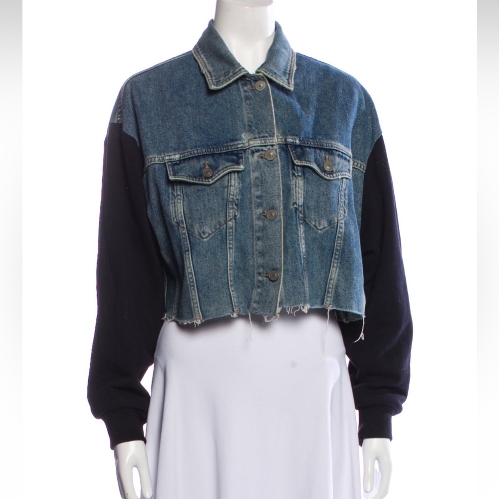 ALL SAINTS Cropped Blue Denim Jacket with Black Sweatshirt Sleeves Size M/L
